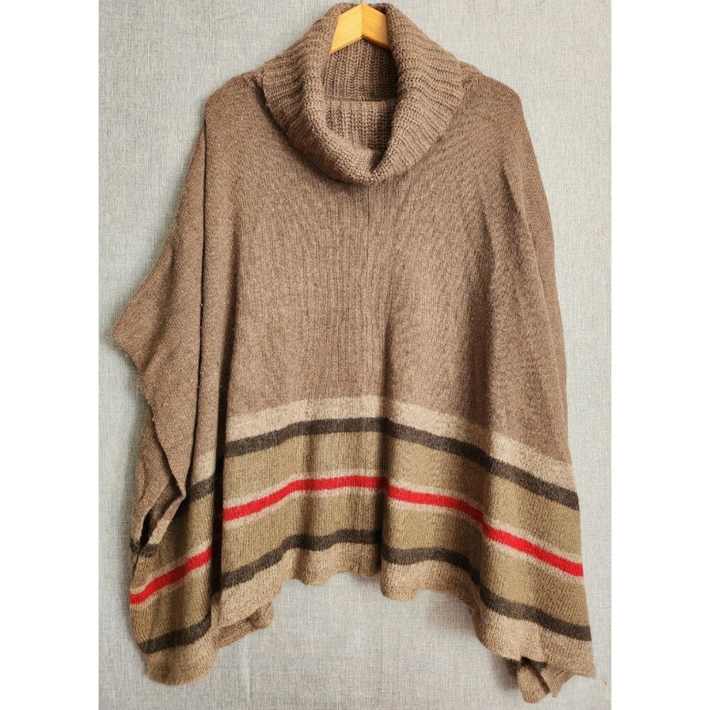 Loft Poncho Sweater Medium Turtleneck Oversize Stripes Wool Blend Lagenlook